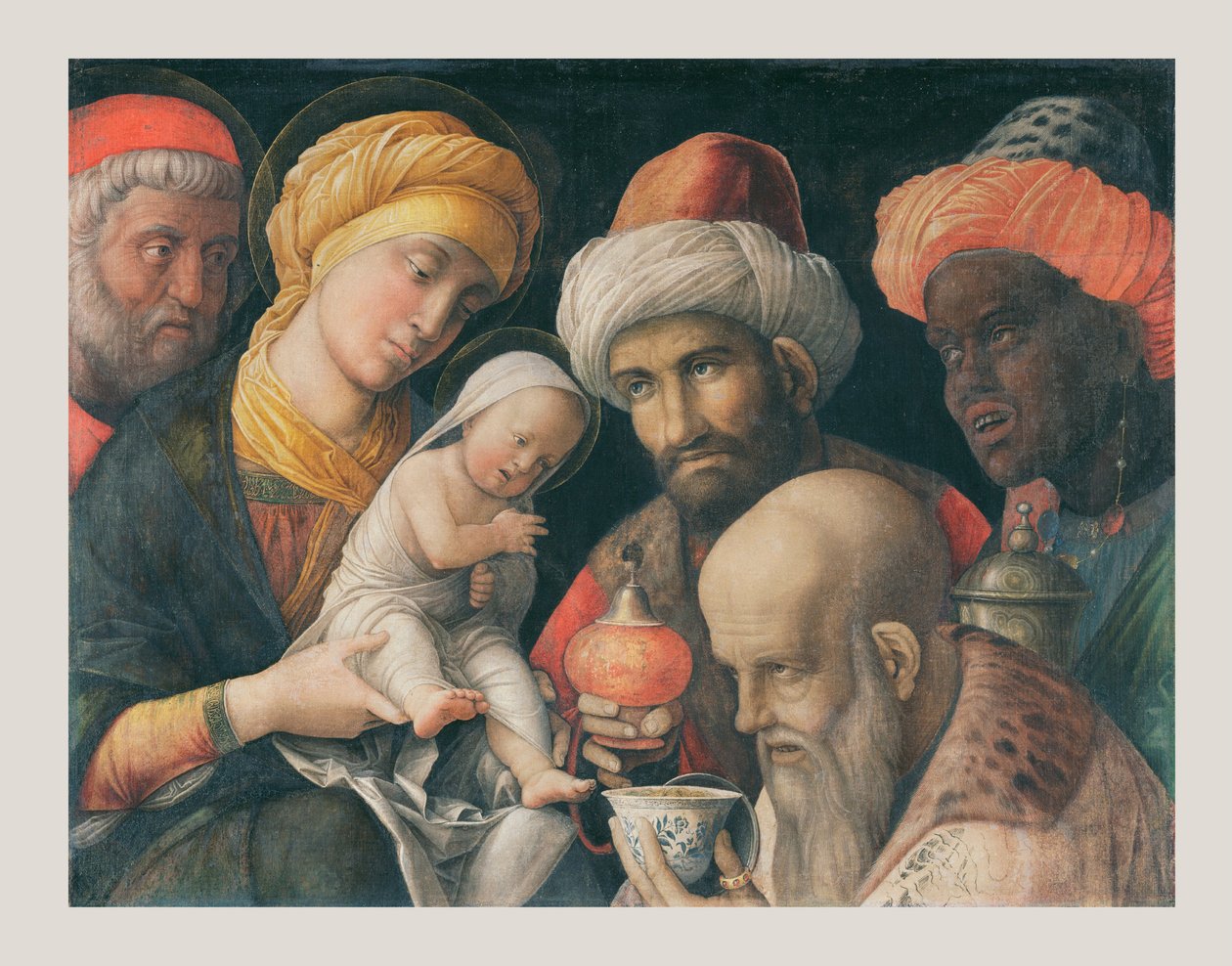Adoracja Trzech Króli, c. 1500 autorstwa Andrea Mantegna
