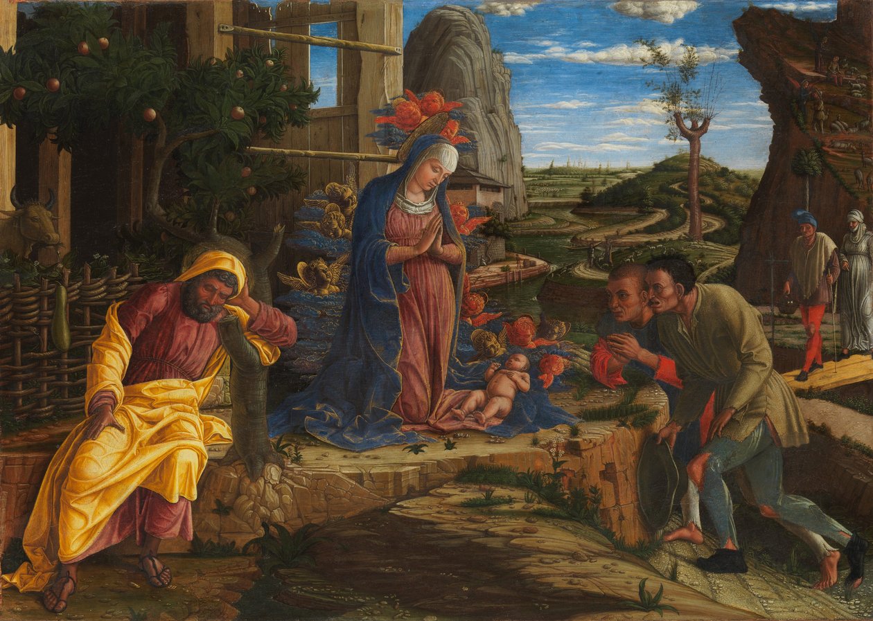 Adoracja pasterzy, ok. 1450 (tempera na płótnie, przeniesiona z drewna) autorstwa Andrea Mantegna