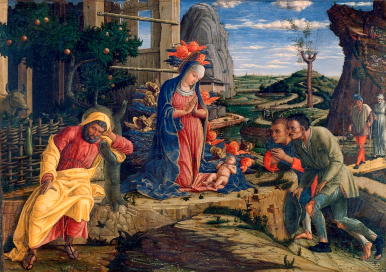 Adoracja pasterzy, ok. 1450 autorstwa Andrea Mantegna
