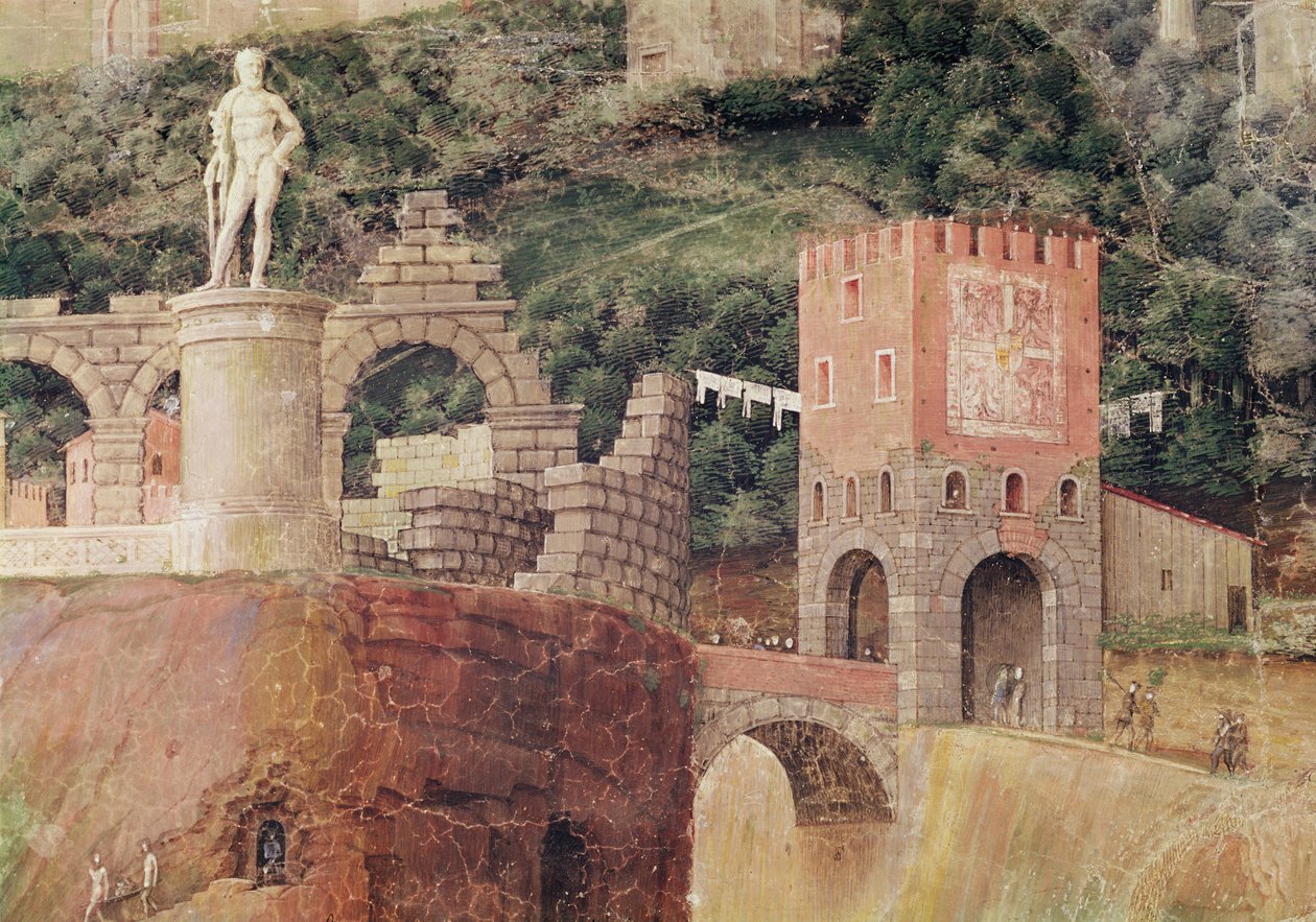Przybycie kardynała Francesco Gonzagi, detal tła przedstawiający wyidealizowany widok Rzymu, ok. 1465-74 (detale 78457, 78449) autorstwa Andrea Mantegna