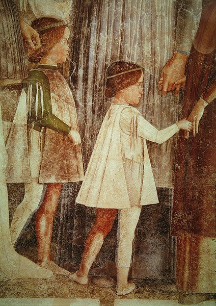 Przybycie kardynała Francesco Gonzagi, powitanego przez ojca Marchese Ludovico Gonzagę III i jego braci, szczegóły dotyczące dzieci z Gonzague, ok. godz. 1465-74 (szczegóły 78454) autorstwa Andrea Mantegna