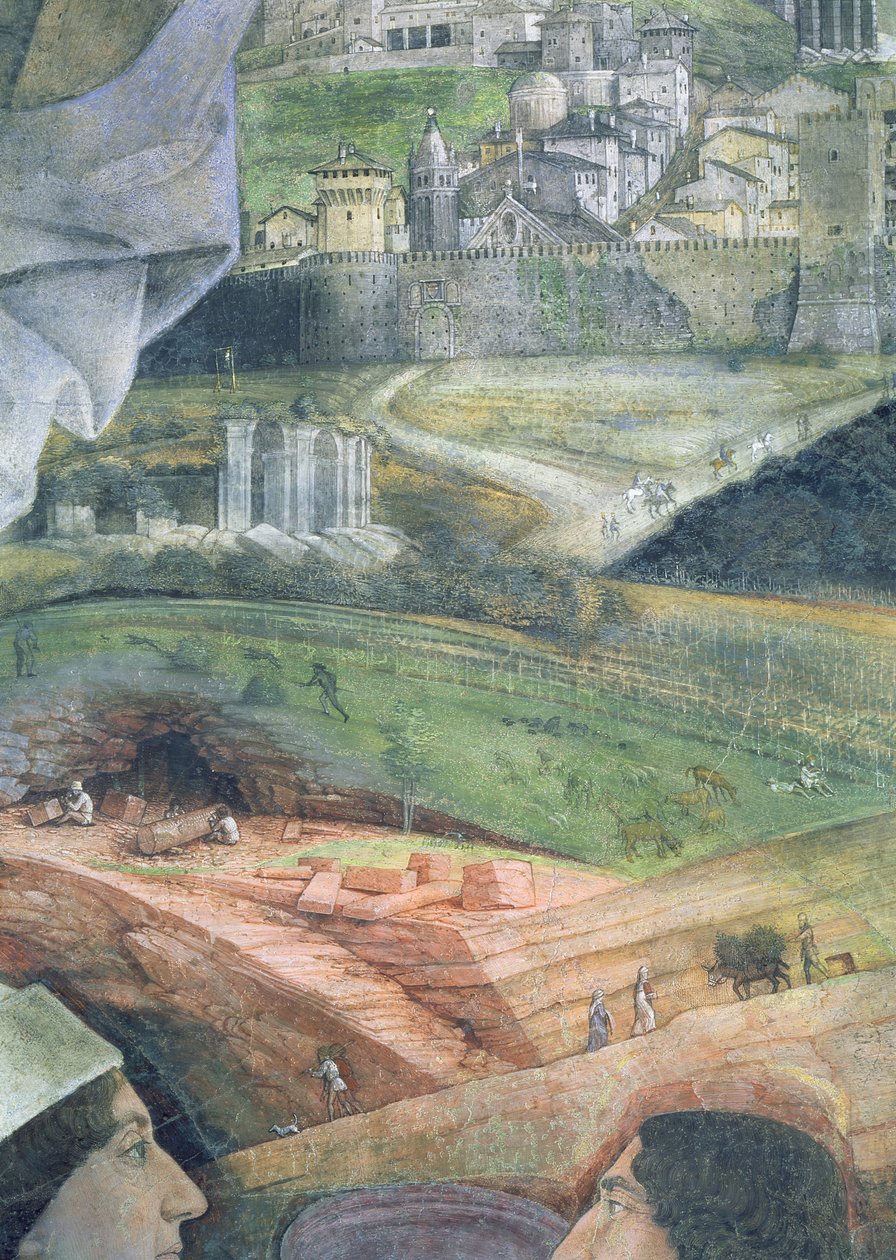 Przybycie kardynała Francesco Gonzagi; wyrobiska w kamieniołomie marmuru i wyidealizowany widok na Rzym, z Camera degli Sposi lub Camera Picta, fragment fresku z lat 78449 z lat 1465-74 autorstwa Andrea Mantegna