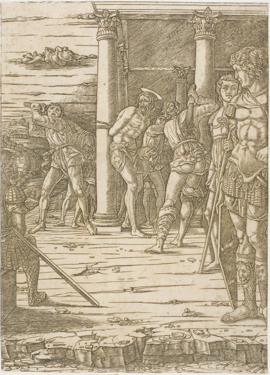 Biczowanie Chrystusa na tle krajobrazu autorstwa Andrea Mantegna