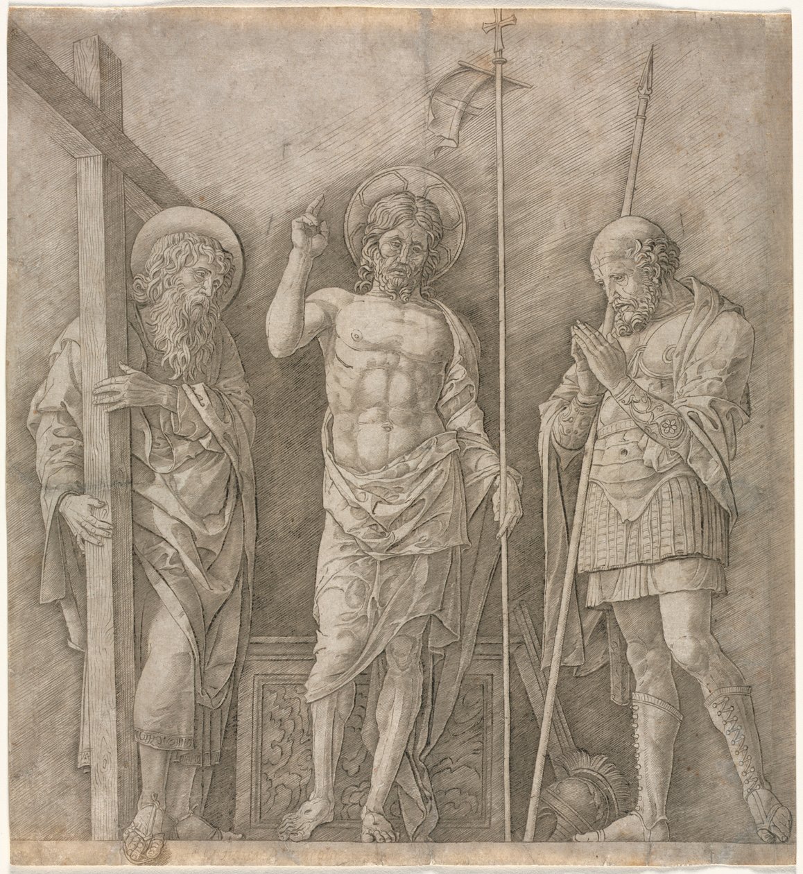 Zmartwychwstały Chrystus między św. Andrzejem a Longinusem, początek lat 70. XIV wieku. autorstwa Andrea Mantegna