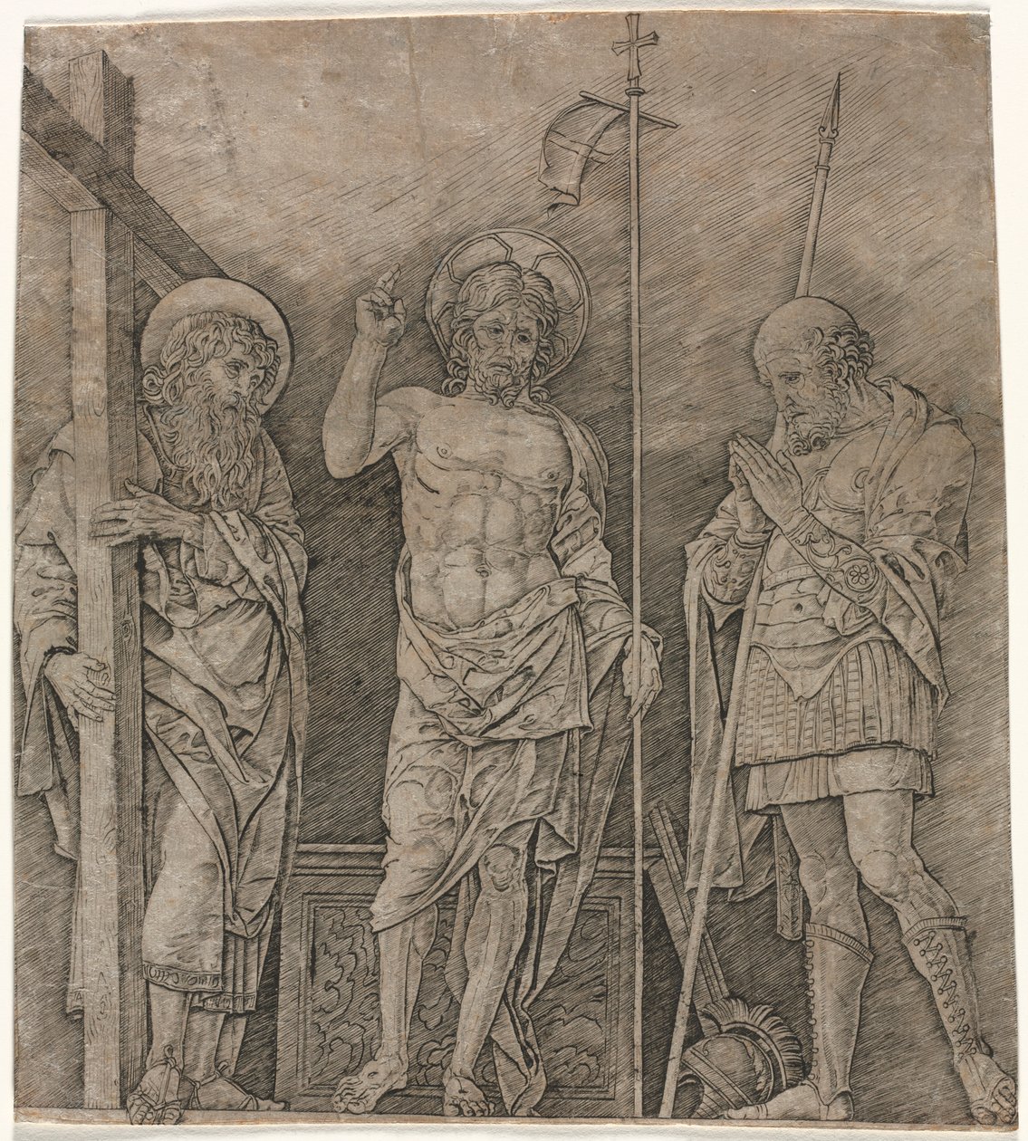 Zmartwychwstały Chrystus między św. Andrzejem a Longinusem, początek lat 70. XIV wieku. autorstwa Andrea Mantegna