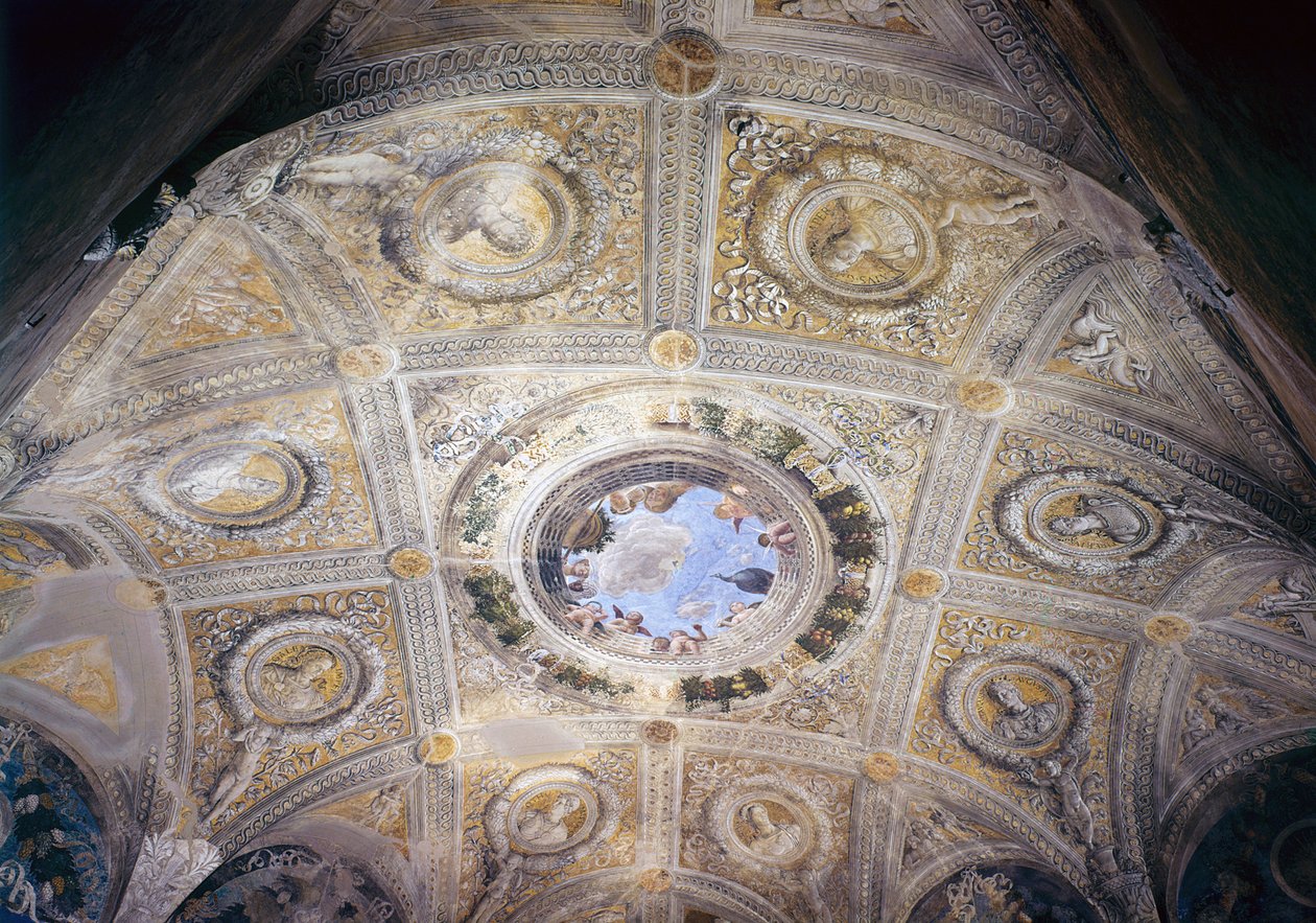 Triumf Cezara i Oculusa Komnaty Ślubnej, ok. 1473 (fresk) autorstwa Andrea Mantegna