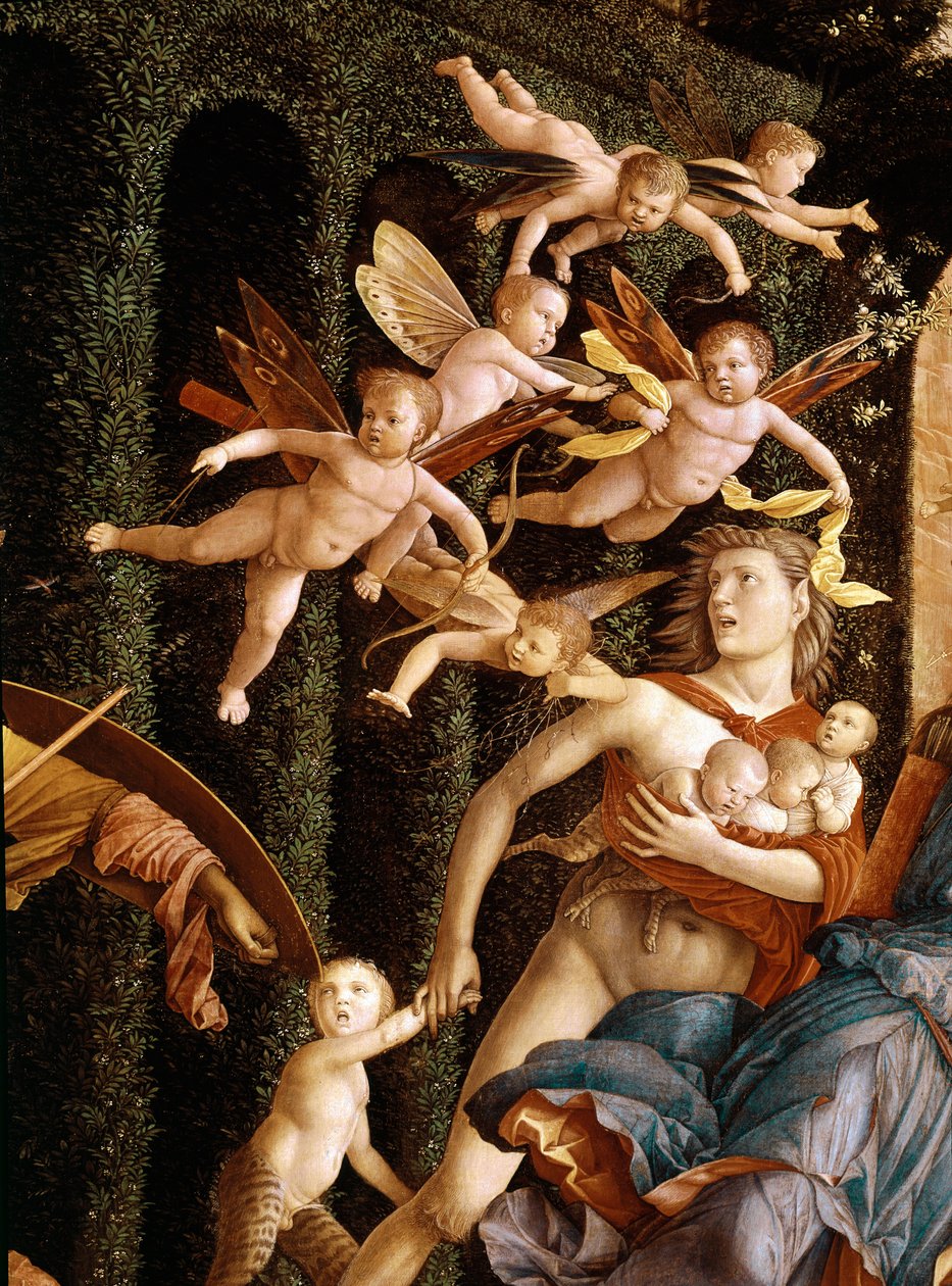 Triumf cnót (Minerwa wypędzająca występki z Ogrodu cnót), detal (olej na płótnie autorstwa Andrea Mantegna