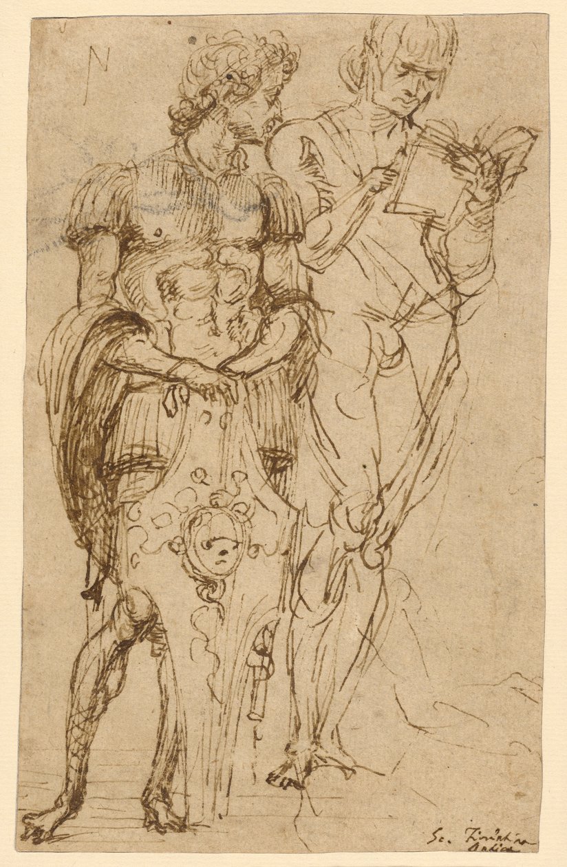 Dwie stojące postacie męskie (recto); Mężczyzna w pozycji leżącej i inne studia (verso) autorstwa Andrea Mantegna