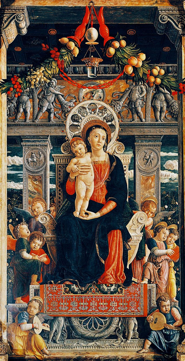 Dziewica na tronie, fragment środkowej części ołtarza San Zeno autorstwa Andrei Mantegny (1431-1506), drewno, 220x115 cm, bazylika San Zeno, Werona autorstwa Andrea Mantegna