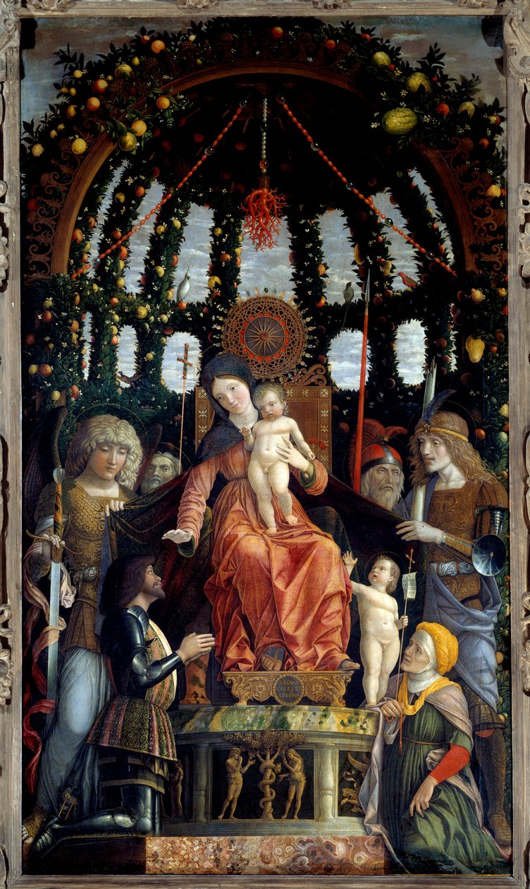 Dziewica Zwycięstwa (Madonna Zwycięstwa). Matka Boska jest reprezentowana: św. Michała, św. Jerzego, św. Longina i św. Andrzeja. Patron obrazu, Markiz Mantui, Francois II de Gonzague (Francis II Gonzaga) autorstwa Andrea Mantegna