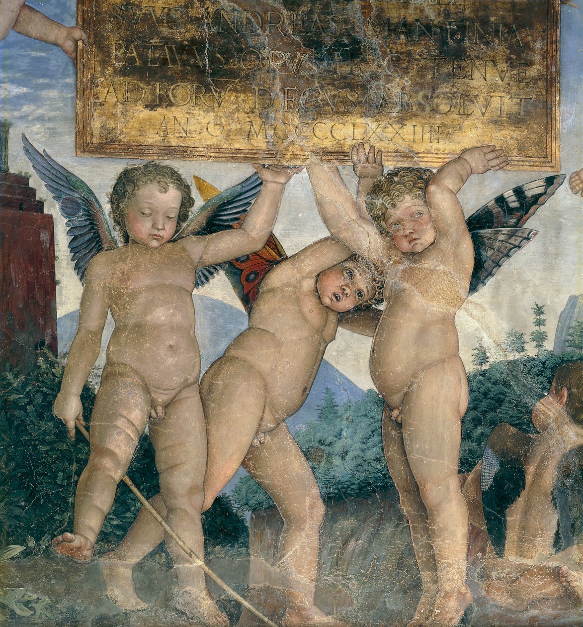 Skrzydlate cherubiny trzymające tablicę dedykacyjną, fragment ze Ściany Spotkań autorstwa Andrea Mantegna