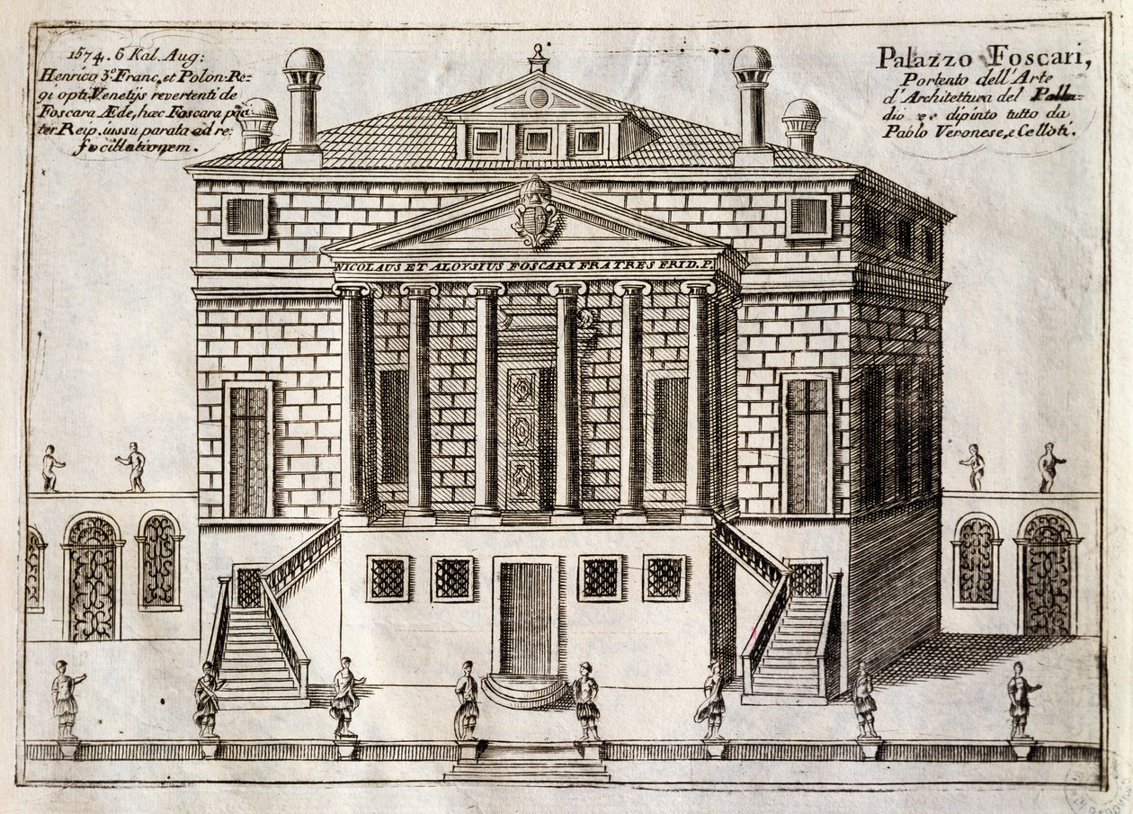 Główna fasada Villa Foscari znana jako La Malcontenta, Mira, zaprojektowana przez Andrea Palladio (1508-1580), rycina z Wzdłuż Kanału Brenta, prawie dzielnica Wenecji, autorstwa Vincenzo Coronelli (1650-1718), Wenecja autorstwa Andrea Palladio