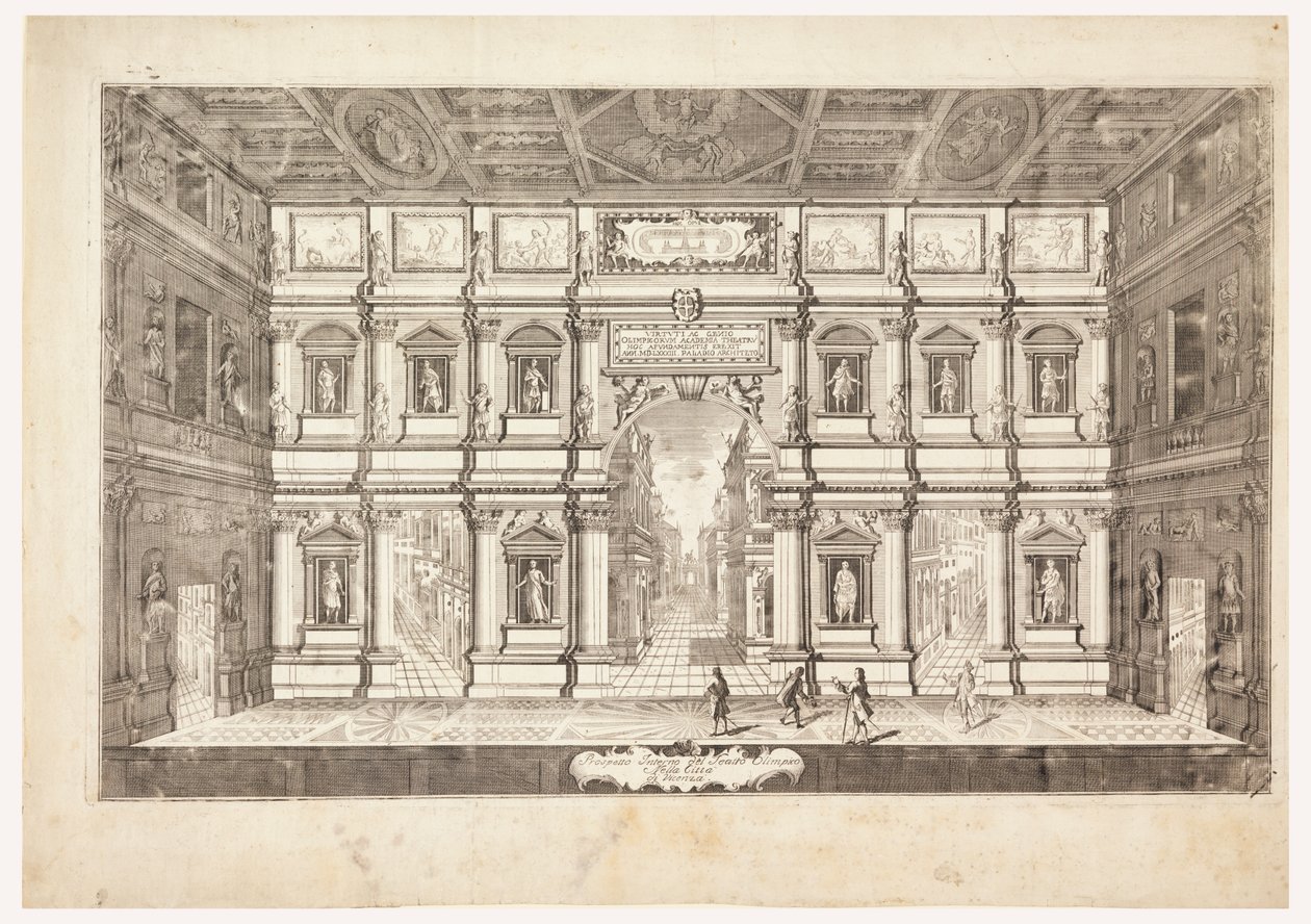 Elewacja wewnętrzna Teatru Olimpijskiego w mieście Vincenza (Widok na scenę Teatro Olimpico w Vicenzy) autorstwa Andrea Palladio