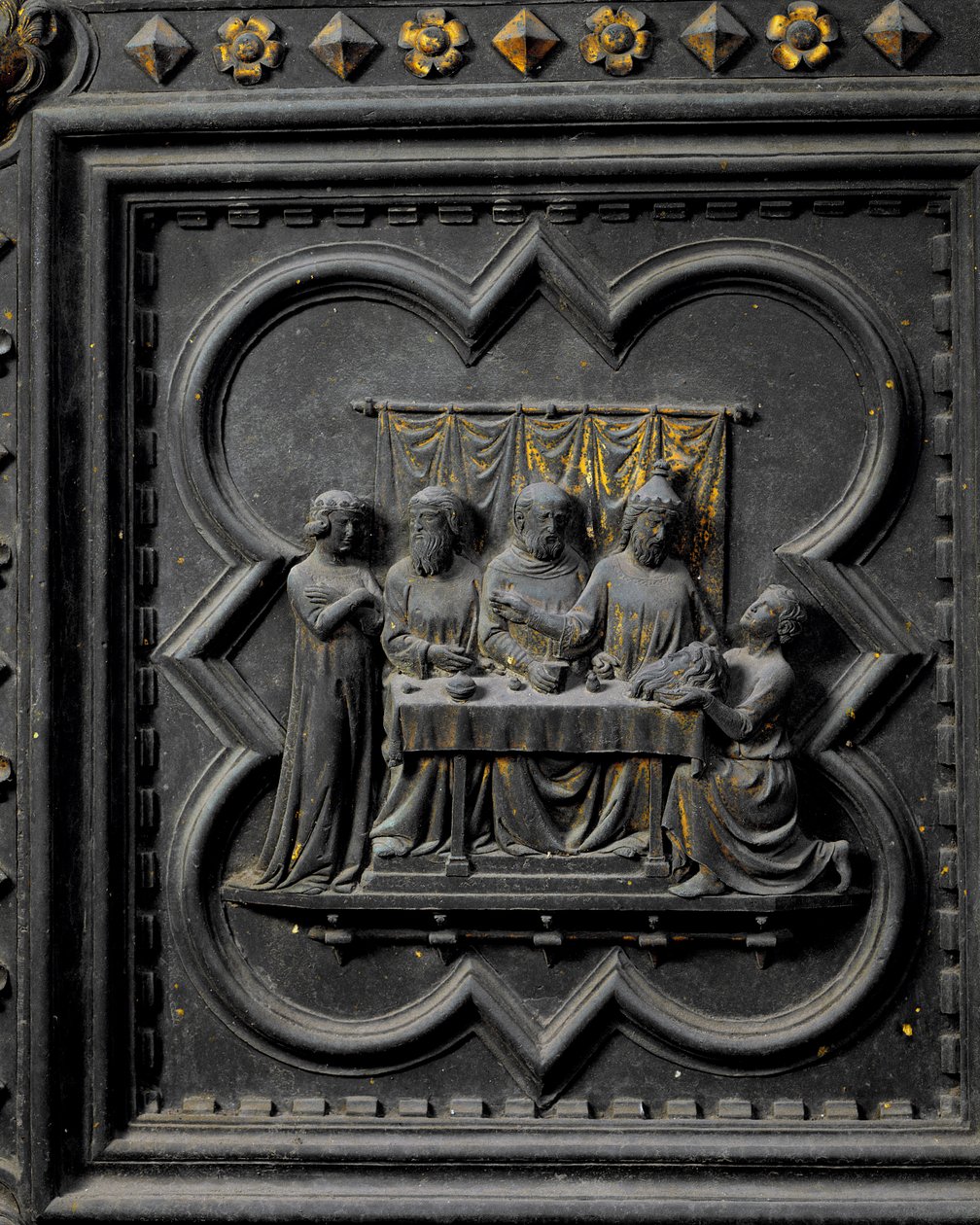 Ofiarowanie głowy św. Jana Chrzciciela królowi Herodowi (21 p.n.e.-39 n.e.), siedemnasty panel południowych drzwi baptysterium San Giovanni, 1336 (brąz) autorstwa Andrea Pisano
