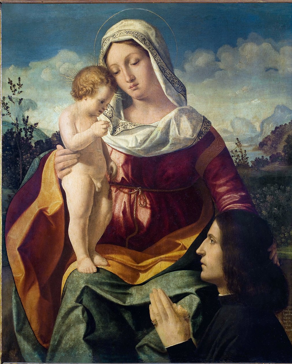 Dziewica z Dzieciątkiem, z darczyńcą - Obraz Andrei Previtali (ok. 1480-1528), olej na płótnie autorstwa Andrea Previtali