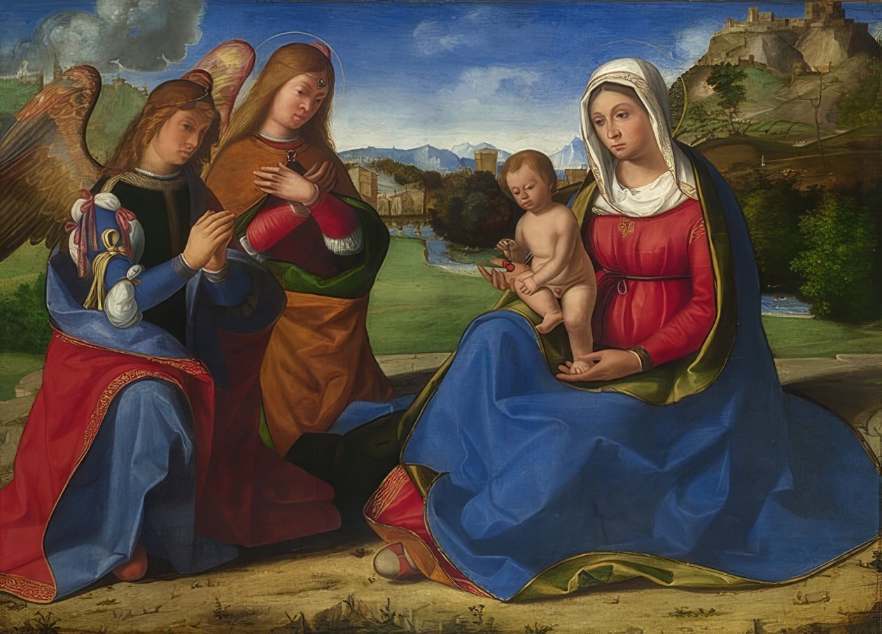 Madonna z Dzieciątkiem, adorowana przez dwa anioły. Około 1505 r. autorstwa Andrea Previtali