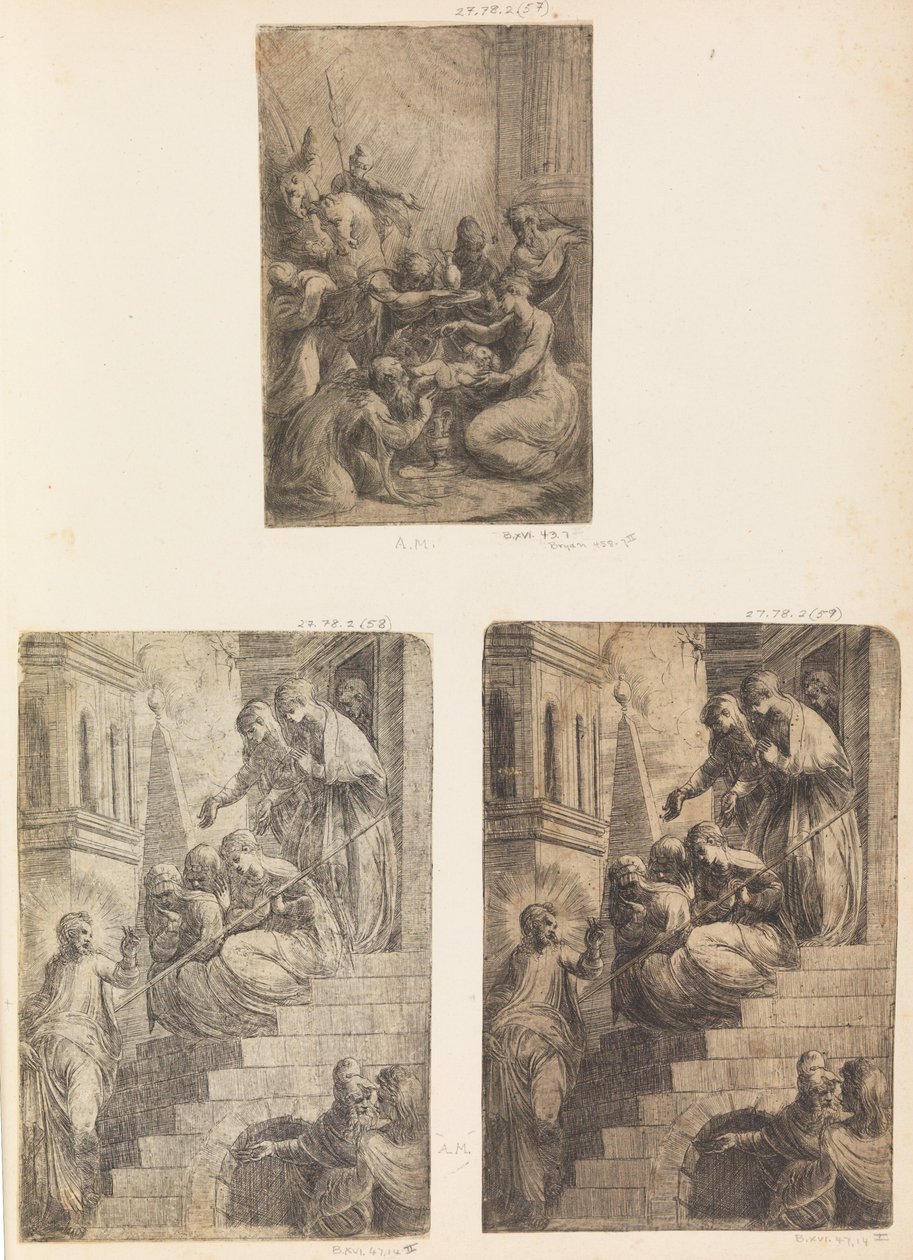 Adoracja Trzech Króli, Chrystusa i Niewiast na Schodach, ca. 1541-44 . autorstwa Andrea Schiavone