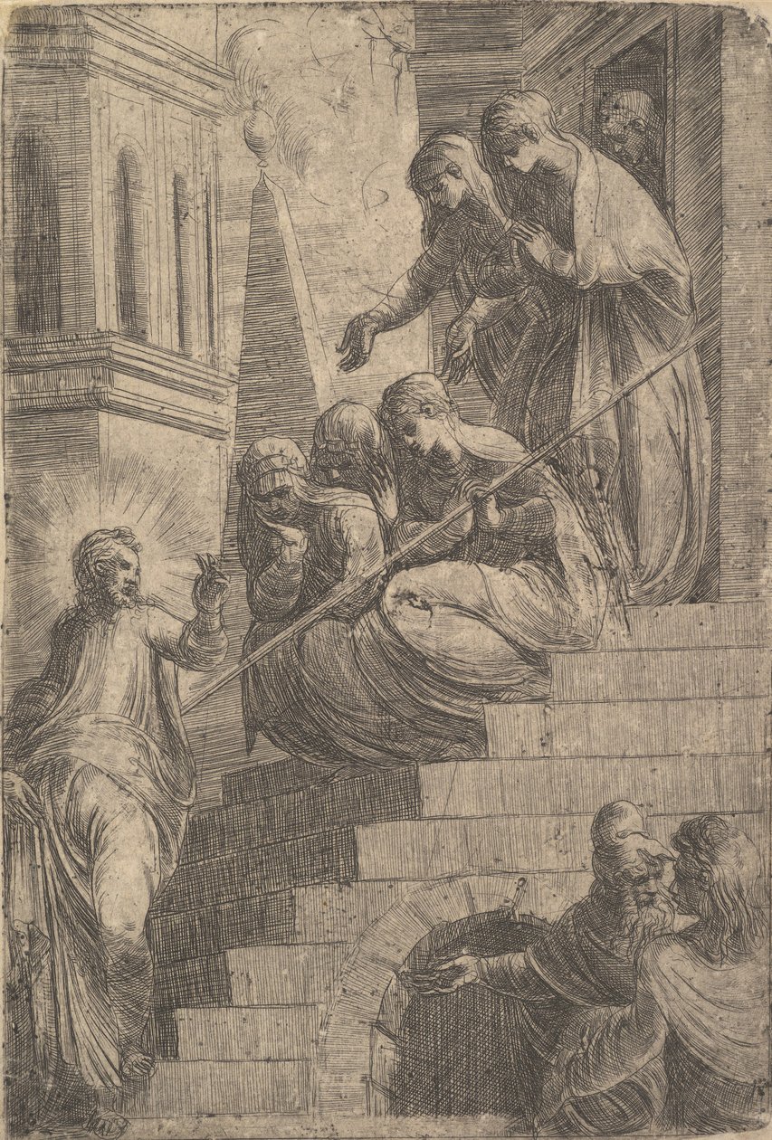 Chrystus zwracając się do grupy kobiet siedzących i stojących na stopniach, ok. godz. 1541-44. autorstwa Andrea Schiavone