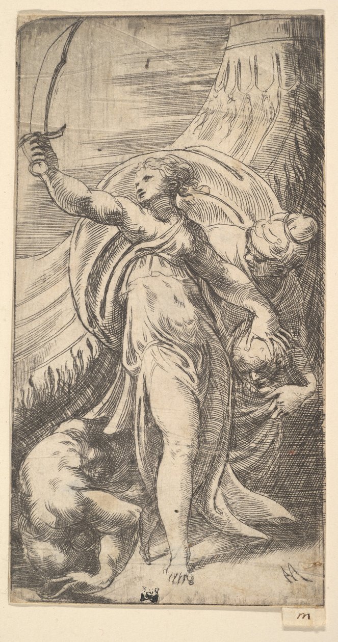 Judyta uniosła miecz w prawej ręce, umieszczając głowę Holofernesa w sa..., ca. 1542-45. autorstwa Andrea Schiavone