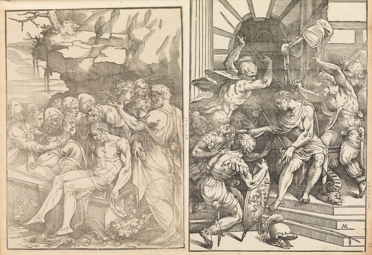 Lament nad umarłym Chrystusem, Chrystus zostaje zaatakowany przez żołnierzy, ok. godz. 1556-57 . autorstwa Andrea Schiavone