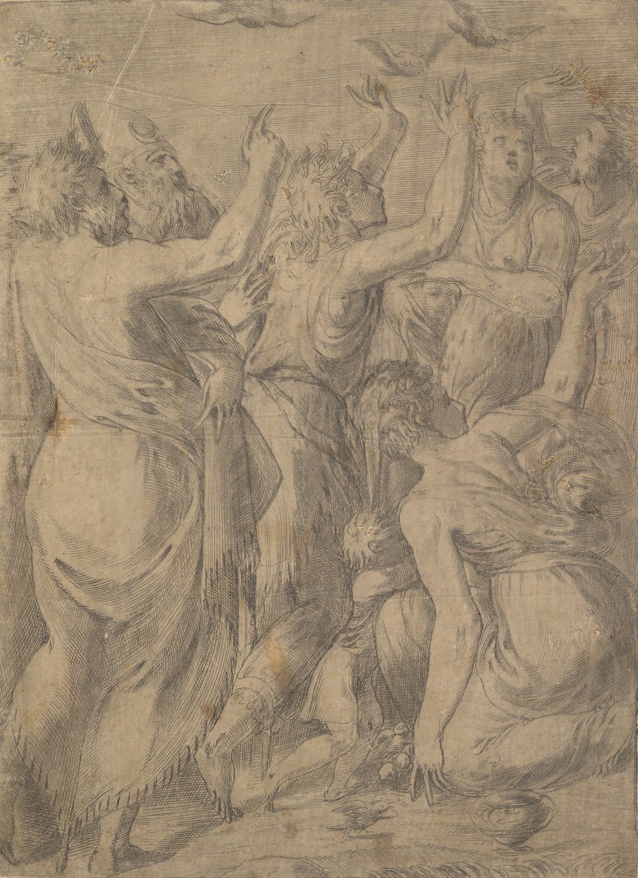 Mojżesz pokazujący Izraelitom przepiórki cud przepiórek i manny, ca. 1545. autorstwa Andrea Schiavone