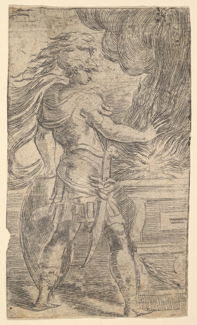 Mutius Scaevola wkładając rękę w płomienie pozostawił połowę kompozycji, której r..., ca. 1540. autorstwa Andrea Schiavone