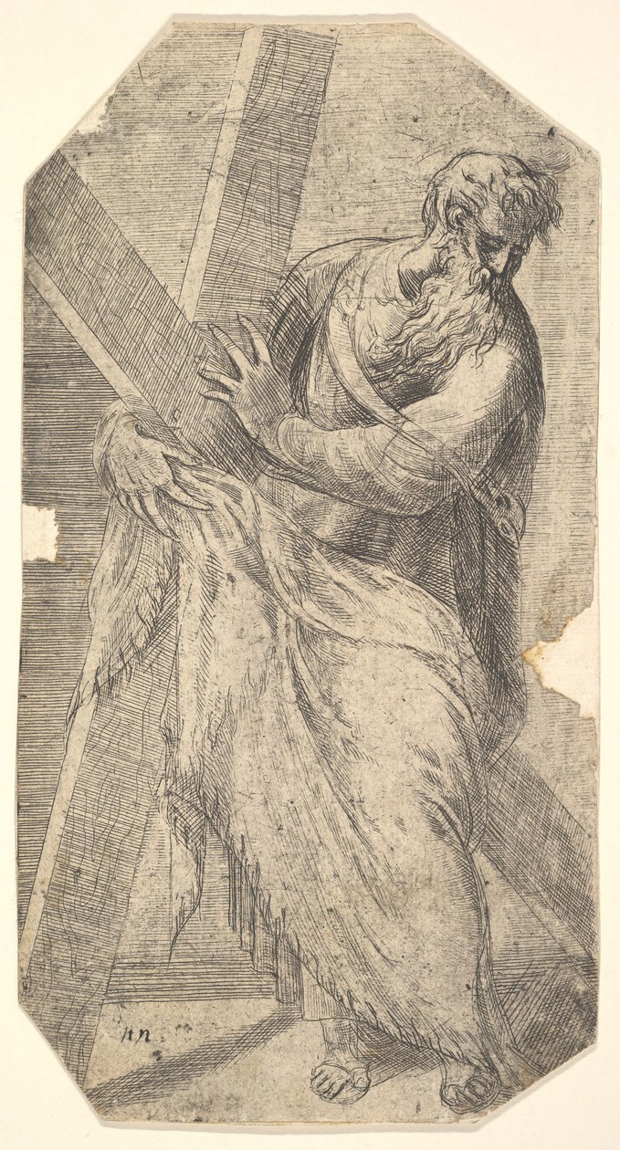 Św. Andrzej trzymający duży krzyż, z „Chrystusa i apostołów”, ca. 1548-50. autorstwa Andrea Schiavone