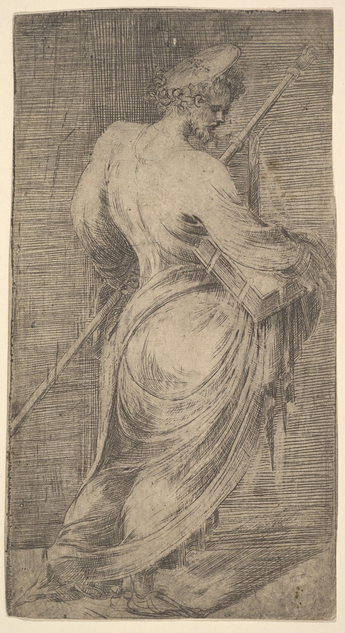Św. Jakub Major trzymający laskę i księgę w prawo, od Chrystusa i Apo..., ca. 1548-50. autorstwa Andrea Schiavone