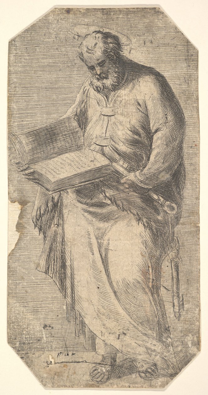 Św. Piotr trzymający dużą otwartą księgę, u boku klucze, z „Chrystusa i Apostoła..., ca. 1548-50. autorstwa Andrea Schiavone