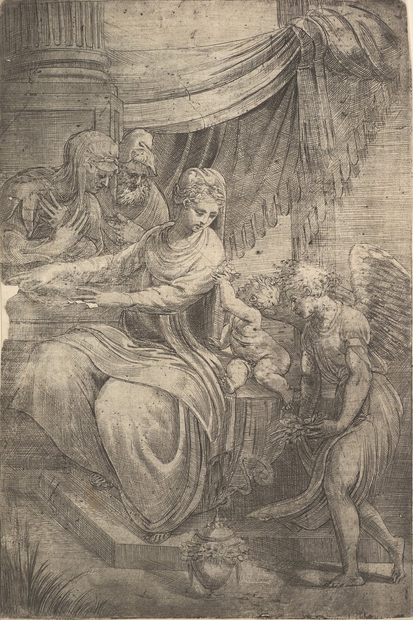 Święta Rodzina, anioł z kwiatami zbliżający się z prawej strony, ok. godz. 1550-53. autorstwa Andrea Schiavone
