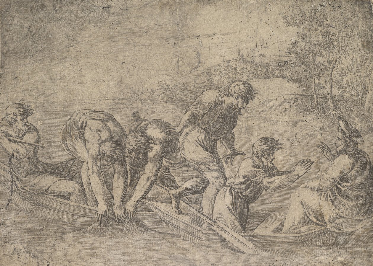 Cudowny połów ryb, Chrystus po prawej w towarzystwie apostołów w..., ok.1548-52. autorstwa Andrea Schiavone