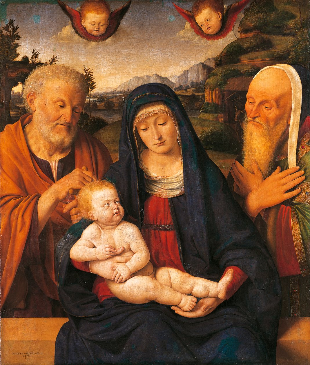 Madonna z Dzieciątkiem ze świętymi Józefem i Symeonem – Andrea Solario (1470-1524), tempera i olej na desce, przeniesione na płótno autorstwa Andrea Solario