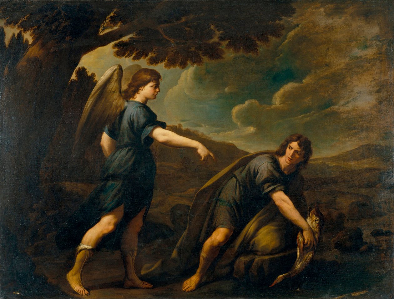 Anioł i Tobiasz z rybą - obraz Andrea Vaccaro (1604-1670), olej na płótnie (199,5x262 cm), ok. 1640, sztuka włoska autorstwa Andrea Vaccaro
