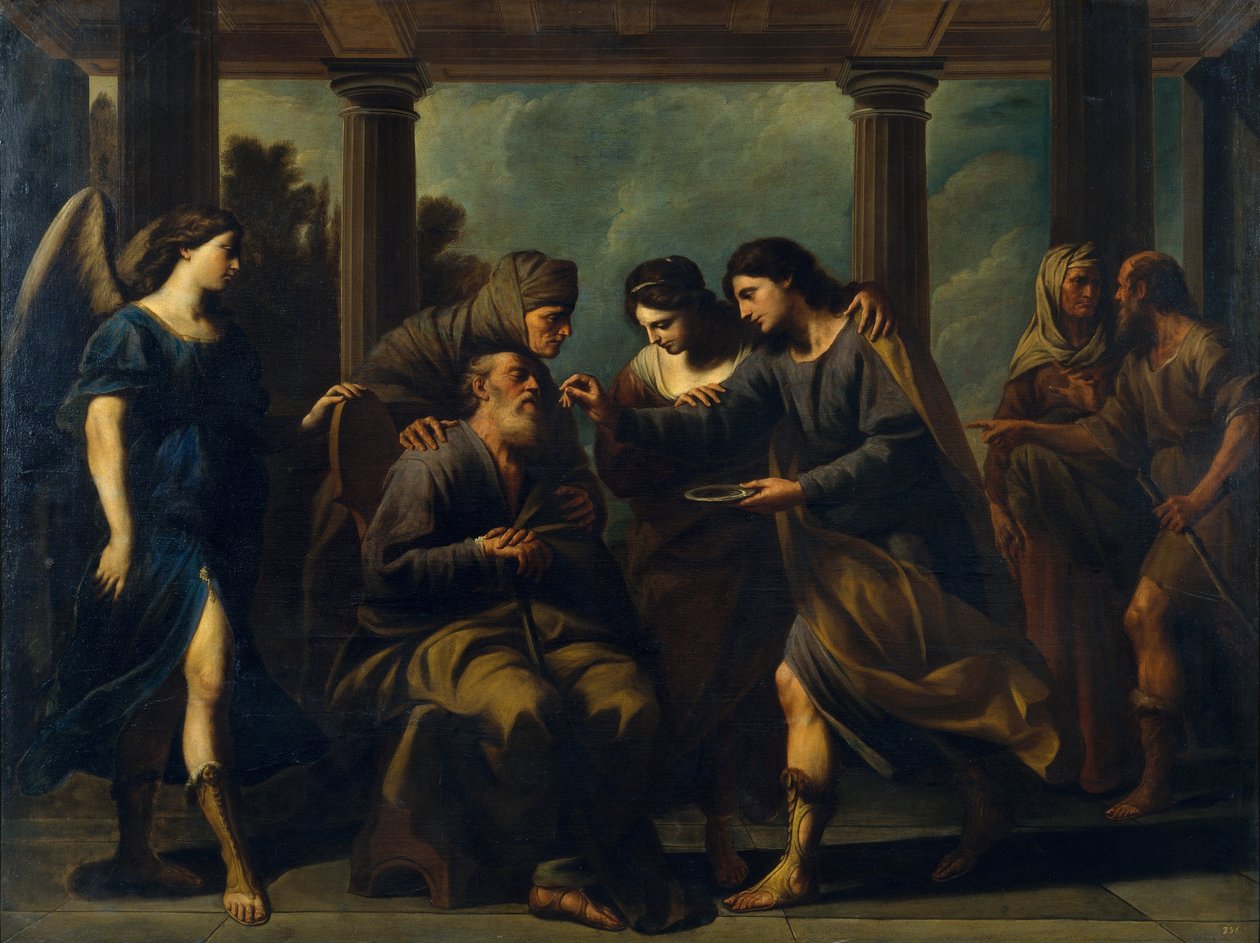 Tobiasz uzdrawiający ślepotę swoich ojców, c. 1640 autorstwa Andrea Vaccaro