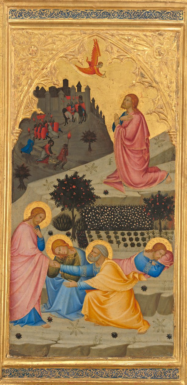 Agonia w ogrodzie, ok. 1380 (tempera jajeczna i złoty liść na desce) autorstwa Andrea Vanni
