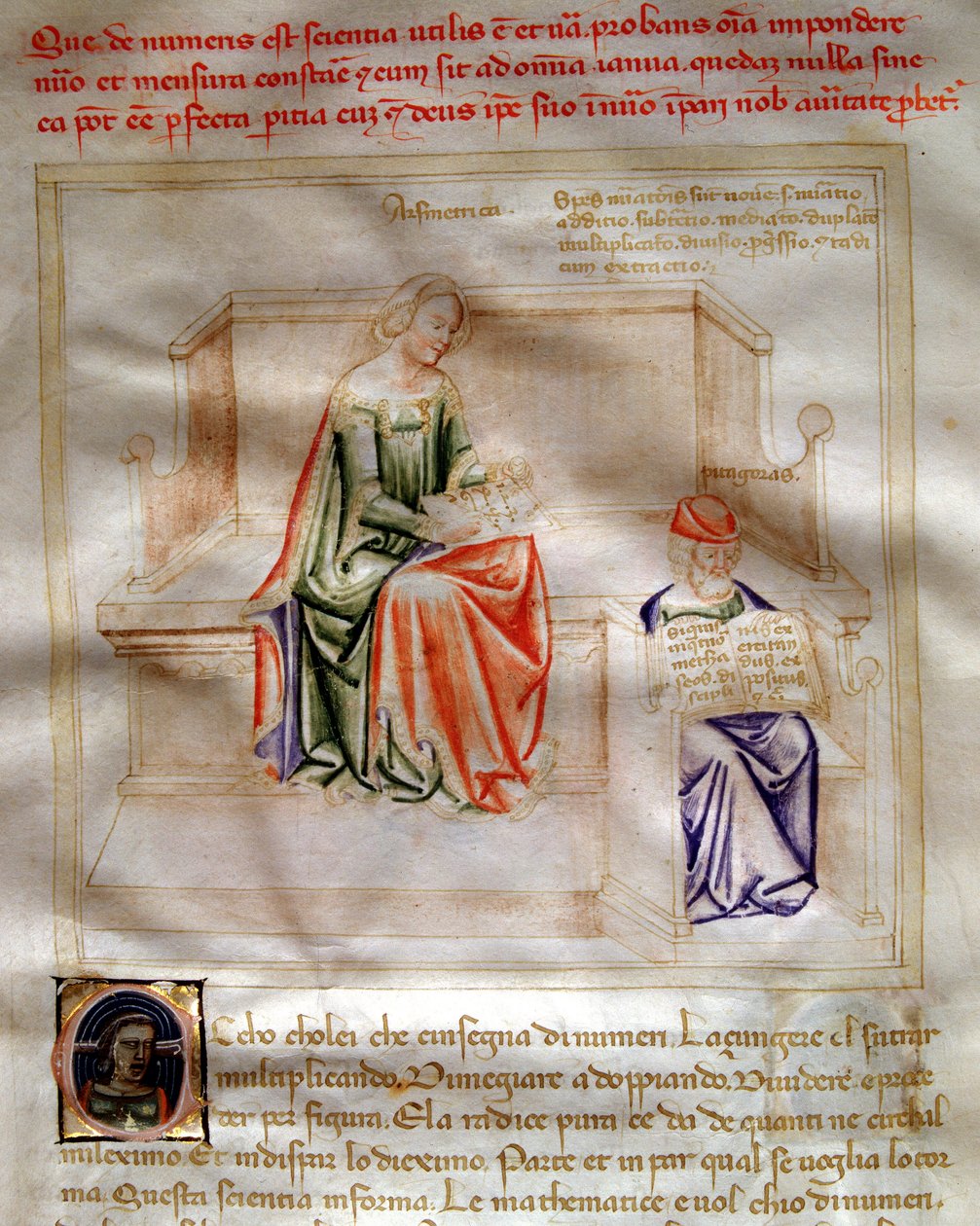 Alegorie arytmetyki w „Pieśni o cnotach i naukach” Bartolomeo di Bartoli. Akwarela autorstwa Andrei di Bartoli (aktywna w latach 1358-1368) (ms. 599, autorstwa Andrea de Bartoli