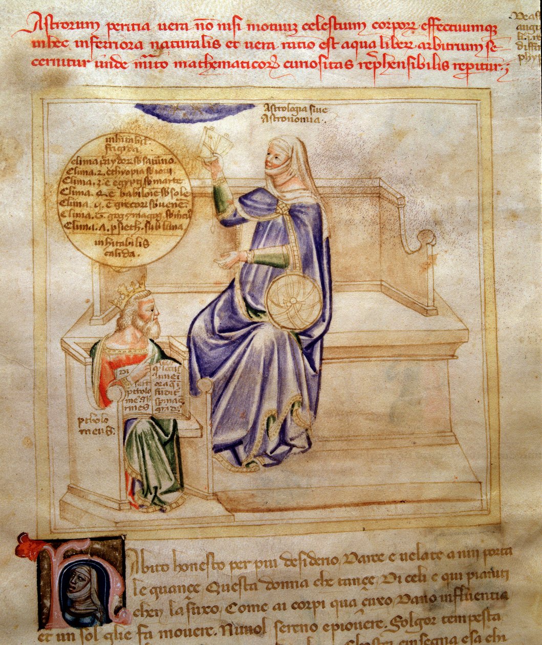 Alegorie astrologii lub astronomii w „Pieśni Siedmiu Vertusów i Siedmiu Sztuk Liberałów przeznaczonych dla Bruzio Viscontiego” (Pieśń o cnotach i naukach) Bartolomeo di Bartoli. Akwarela autorstwa Andrei di Bartoli (aktywna między 1358 a autorstwa Andrea de Bartoli