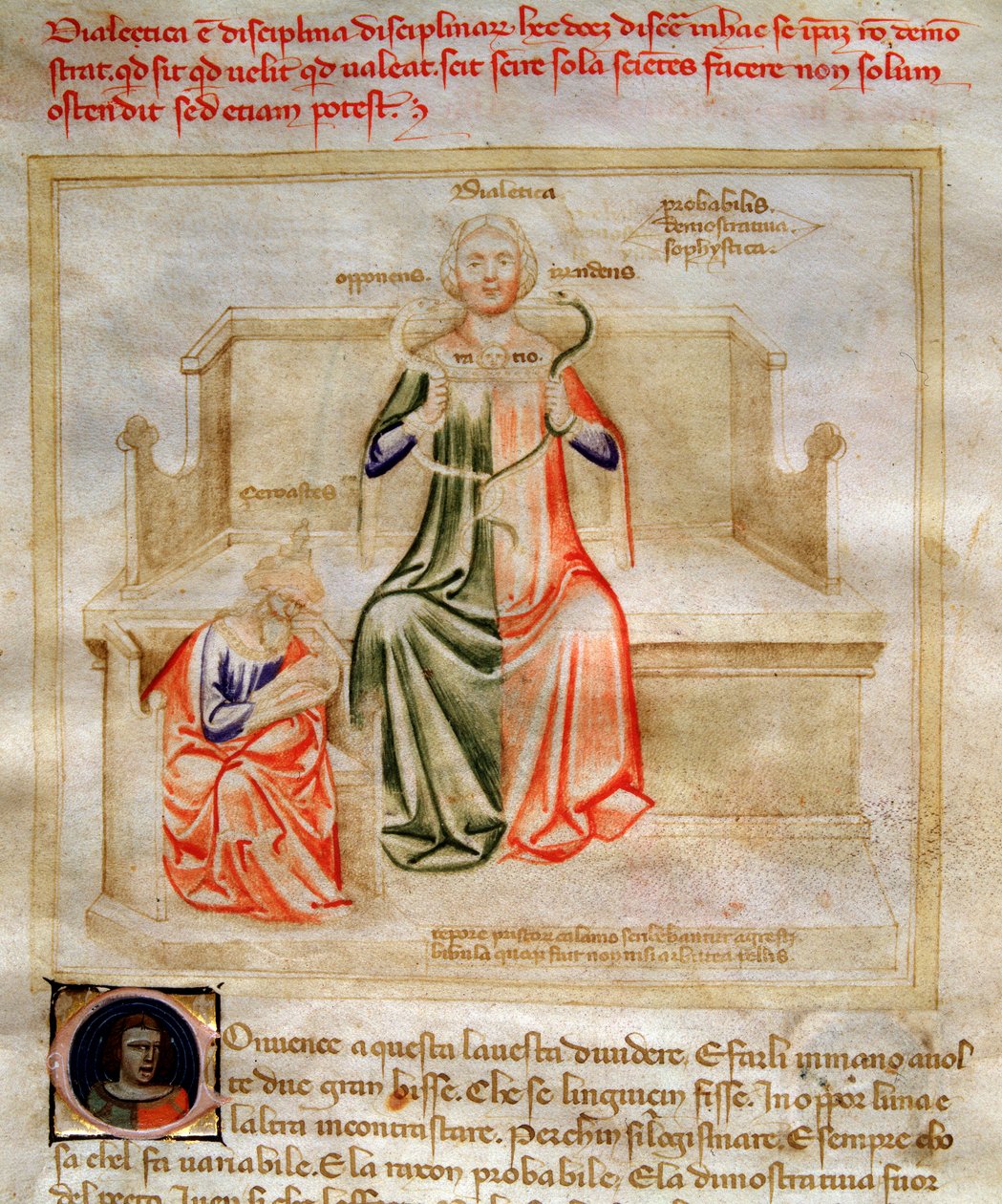 Alegorie dialektyki w „Pieśni o cnotach i naukach” Bartolomeo di Bartoli. Akwarela autorstwa Andrei di Bartoli (aktywna w latach 1358-1368) (ms. 599, fo autorstwa Andrea de Bartoli