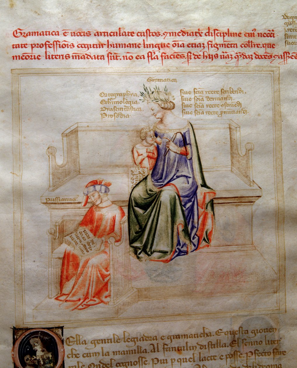 Alegorie Gramatyki w „Pieśni o cnotach i naukach” Bartolomeo di Bartoli. Akwarela autorstwa Andrei di Bartoli (aktywna w latach 1358-1368) (ms. 599, fo autorstwa Andrea de Bartoli