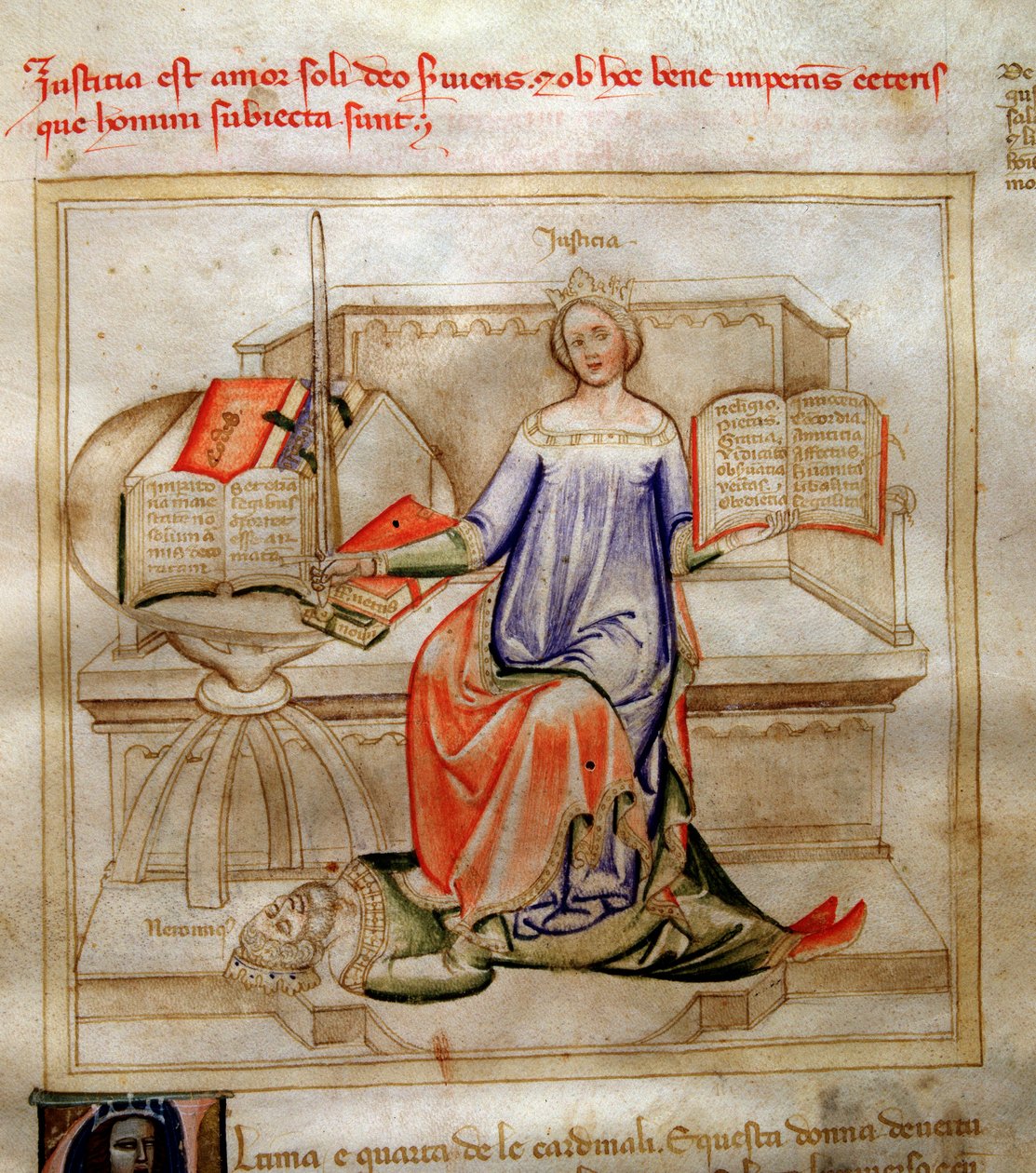 Alegorie sprawiedliwości w „Pieśni o cnotach i naukach” Bartolomeo di Bartoli. Akwarela autorstwa Andrei di Bartoli (aktywna w latach 1358-1368) (ms. 599, fol autorstwa Andrea de Bartoli