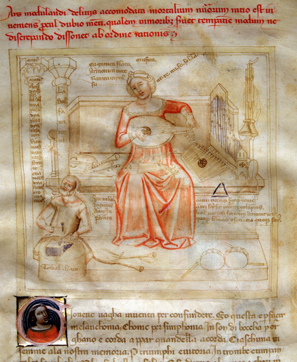 Allegorie de la Musique w „”Chansonne des sept Vertus et des sept Arts liberales destinee à Bruzio Visconti” (La Canzone delle Virtu e delle Scienze) Bartolomeo di Bartoli. Akwarela Andrei di Bartoli (czynna w latach 1358-1368) (ms. 599, fol. autorstwa Andrea de Bartoli