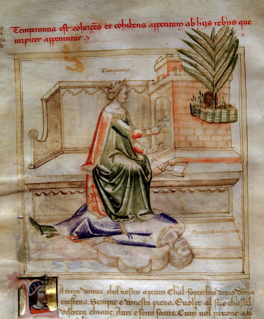 Alegorie wstrzemięźliwości w „Pieśni o cnotach i naukach” Bartolomeo di Bartoli. Akwarela autorstwa Andrei di Bartoli (aktywna między 1358 a 1368) (ms. 599, f autorstwa Andrea de Bartoli