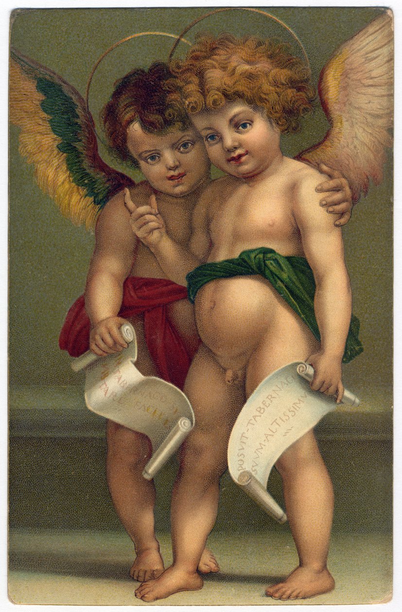 Dwa anioły. Pobożny wizerunek według malarza ANDREA DEL SARTO (1486-1530), Drezno, ok. 1910 (chromolitografia) autorstwa Andrea del (after) Sarto