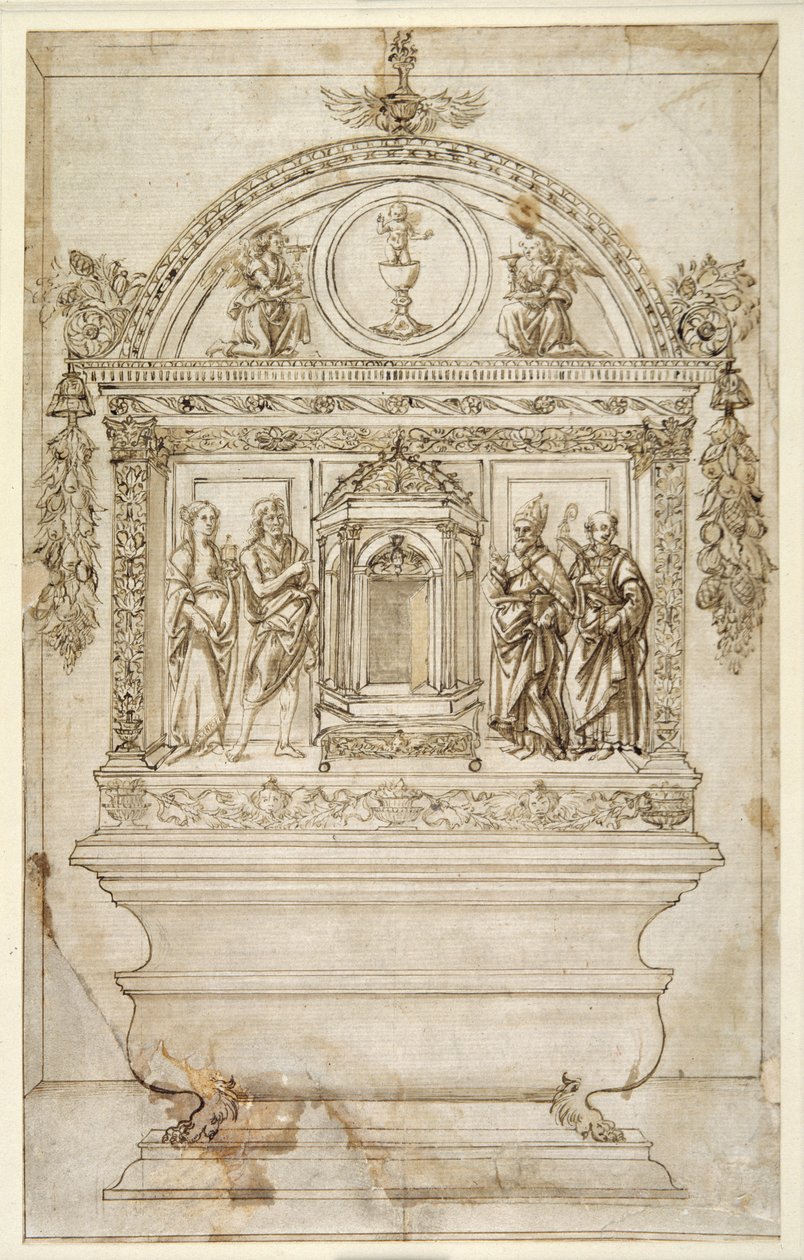 Projekt ołtarza kaplicy, z tabernakulum na Eucharystię (pióro & brązowy tusz z brązowym rozmyciem na białym papierze) autorstwa Andrea del (follower of) Verrocchio