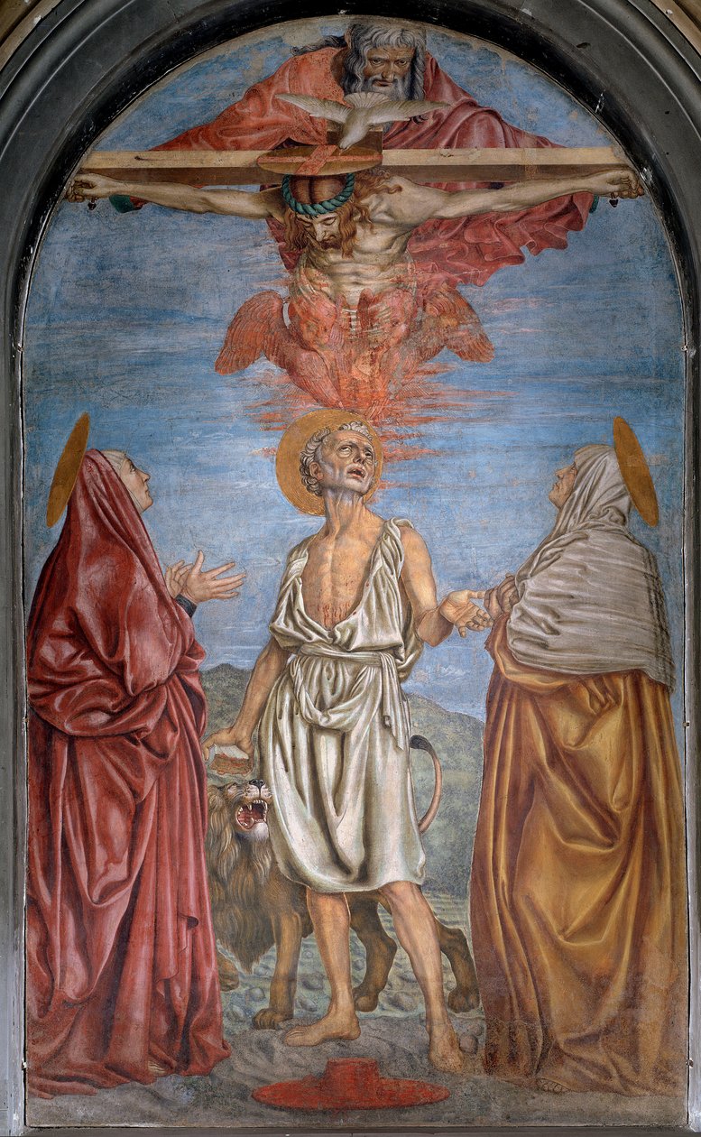 Trójca Święta z Bogiem, Jezusem Chrystusem i Duchem Świętym (Duch Święty) Fresk Andrea del Castagno (ok. 1421-1457) Wymiary 296x180 cm Basilica della Santissima Annunziata, Florencja autorstwa Andrea del Castagno