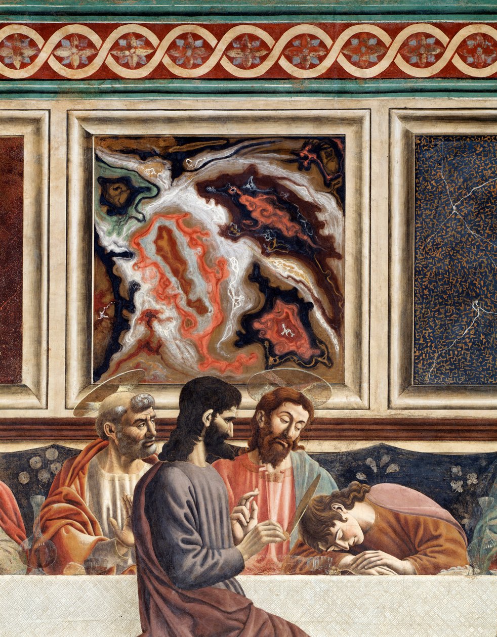 Ostatnia wieczerza, fragment Piotra, Jezusa i Jana śpiących z Judaszem (Fresco autorstwa Andrea del Castagno