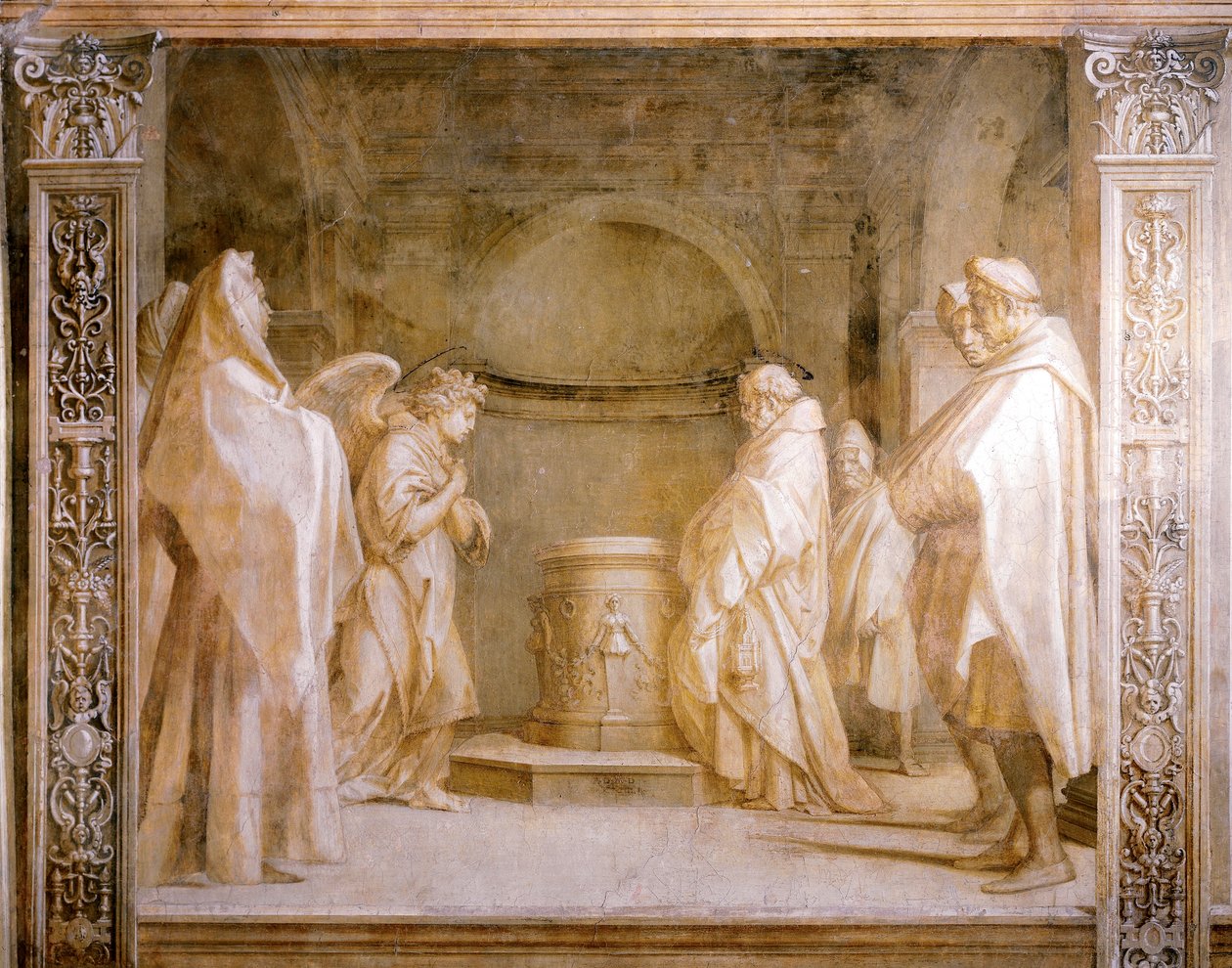 Anioł ogłaszający narodziny dziecka Zachariaszowi, fragment Opowieści dziewiczych Andrei del Sarto (1486-1530), monochromatyczny fresk, Klasztor Scalzo, Florencja autorstwa Andrea del Sarto