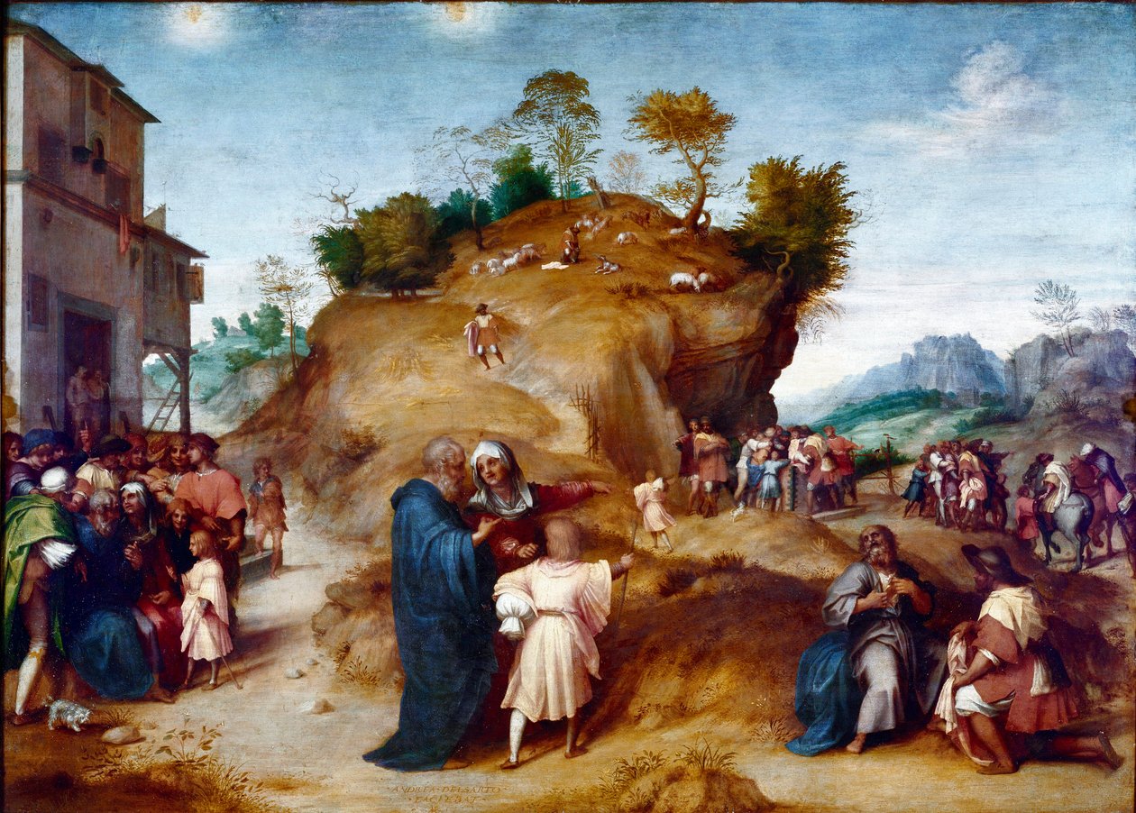 Historia Józefa, syna Jakuba: „”Józef interpretujący sny ojca”” Obraz na desce pędzla Andrea del Sarto (1486-1530) 1515-1517 wym. 98x135 cm Florencja, Palazzo Pitti, Galleria Palatina autorstwa Andrea del Sarto