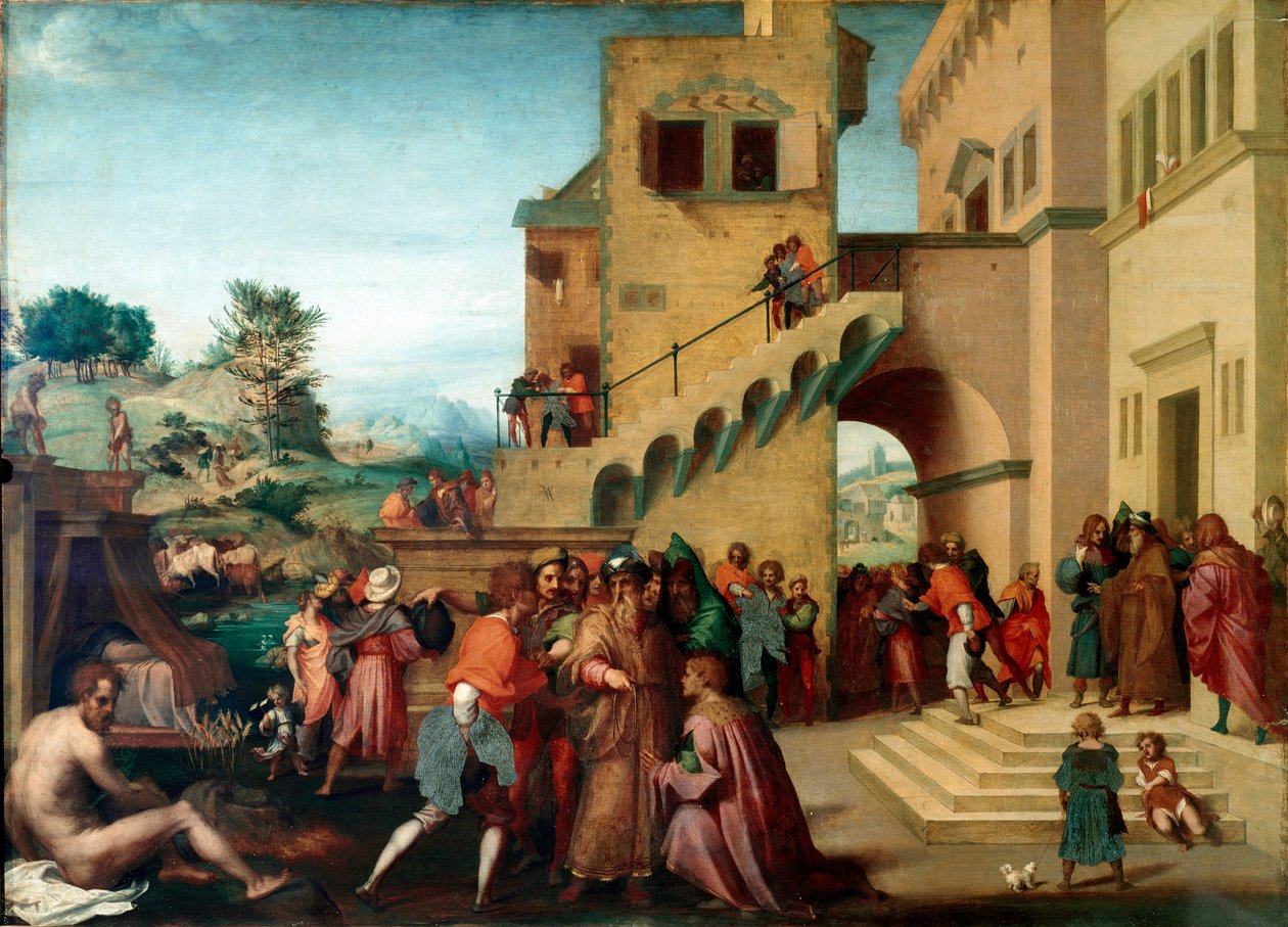 Historia Józefa, syna Jakuba: „”Józef interpretujący sny faraona”” Obraz na drewnie Andrei del Sarto (1486-1530) 1515-1517 Wym. 98x135 cm Florencja, Palazzo Pitti, Galleria Palatina autorstwa Andrea del Sarto