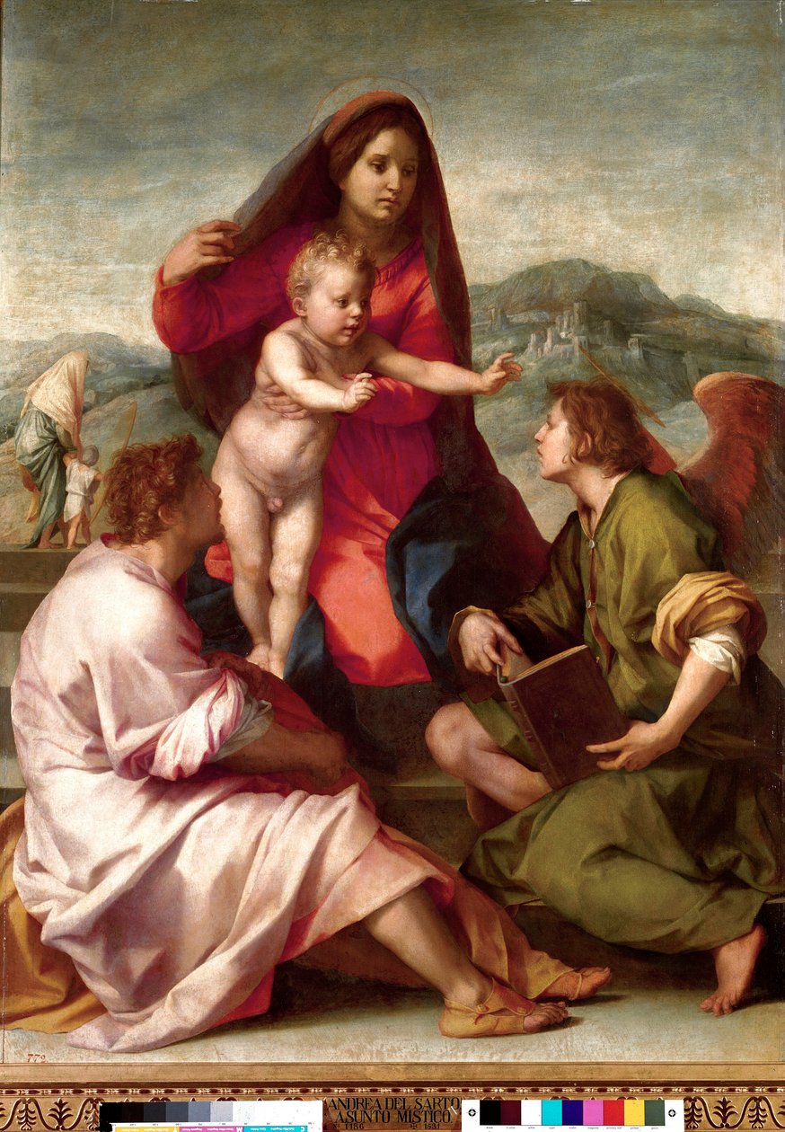 Madonna della Scala. Święta rodzina z aniołem. Obraz Andrea del Sarto (1486-1531) 1522-1523 Nd. 1,77x1,35 m Madryt, Muzeum Prado autorstwa Andrea del Sarto